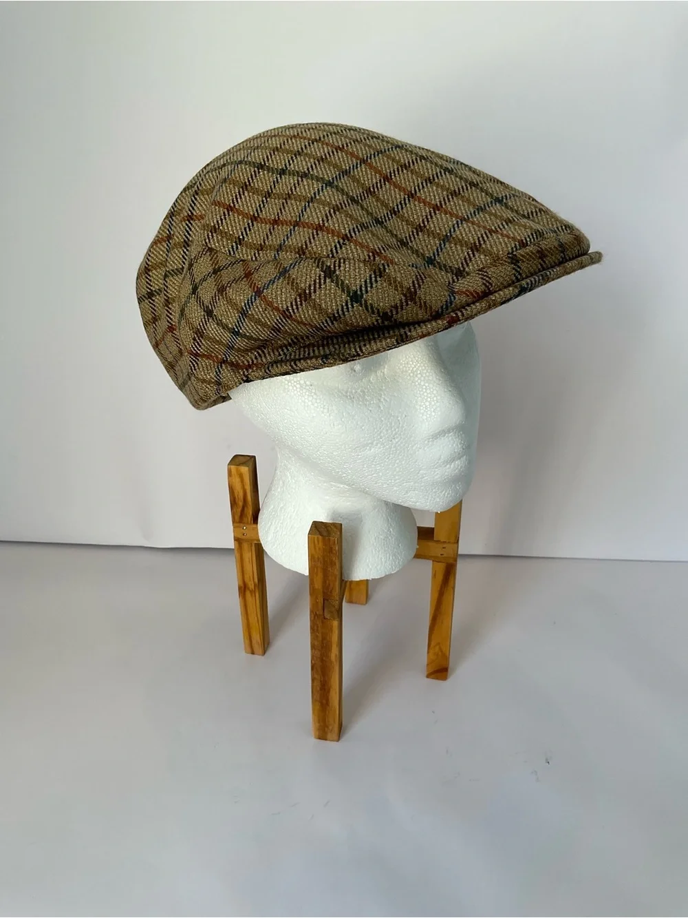 Borsalino Italy Tweed Wool Plaid Flat Newsboy Cap - Tan with Rust & Navy Accents